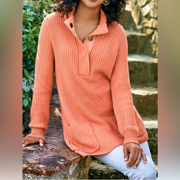 Soft Surroundings Highland Tunic Rib-Knit Coral Sweater | Medium - Picture 1 of 7